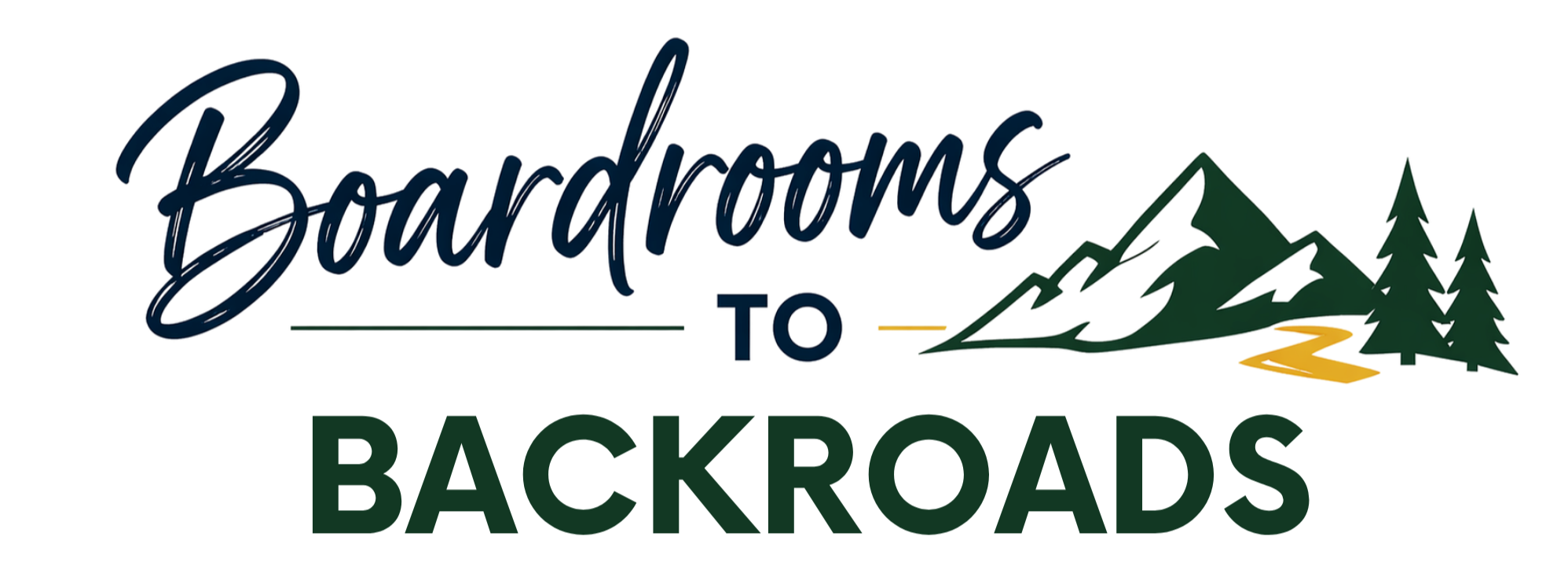 Boardrooms to Backroads logo with mountain and pine tree mark