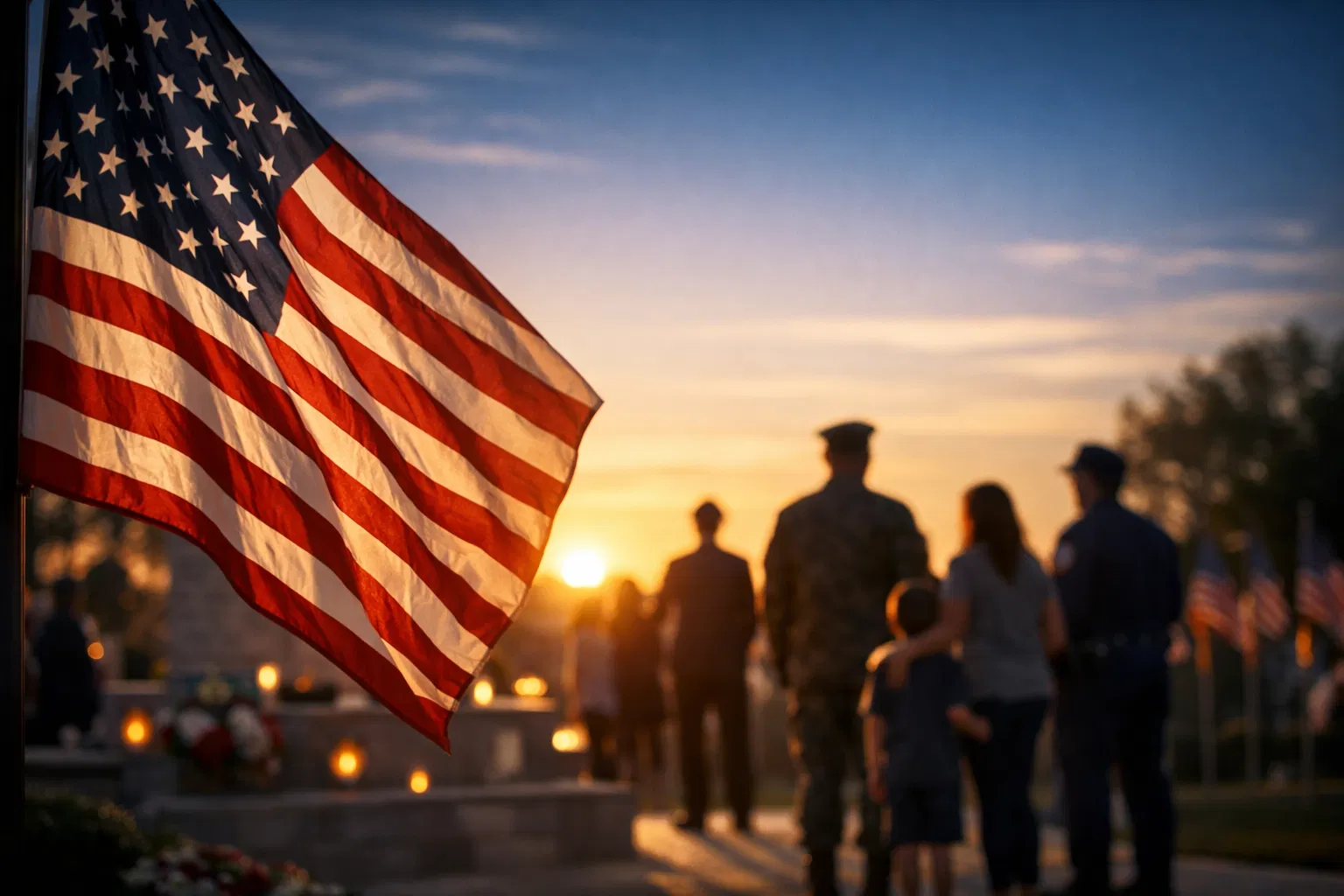 A United States flag carried through a service-centered outdoor scene, representing remembrance and community support
